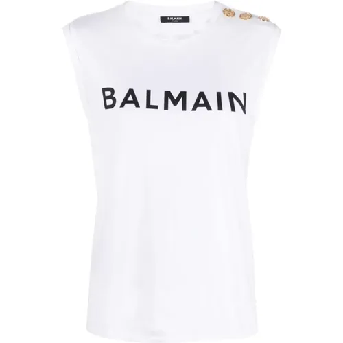 Sleeveless Logo T-Shirt with Golden Buttons , female, Sizes: M, L, S, XS - Balmain - Modalova