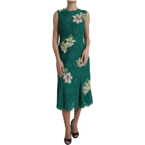 Grünes Blumenspitze Midi Kleid - Dolce & Gabbana - Modalova