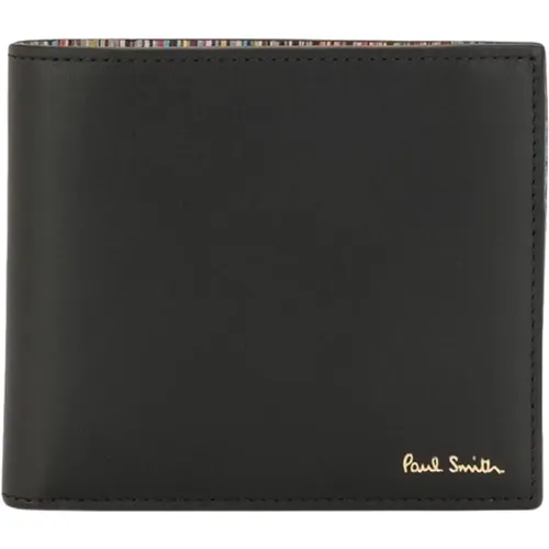 Schwarze Leder-Geldbörse mit goldener Logo-Beschriftung , Herren, Größe: ONE Size - Paul Smith - Modalova