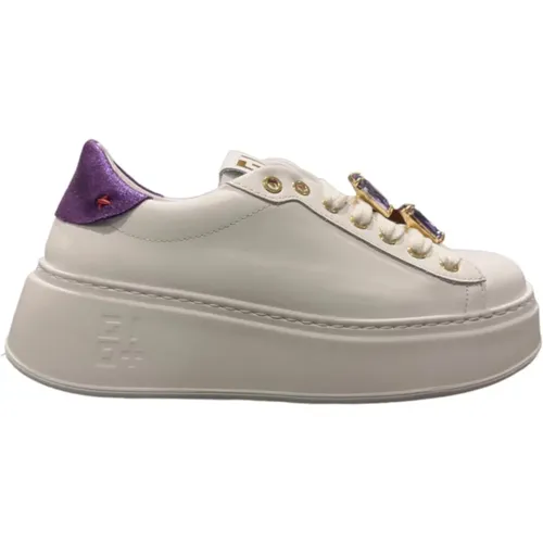 Weiße Ledersneaker mit lila Details , Damen, Größe: 38 EU - Gio+ - Modalova