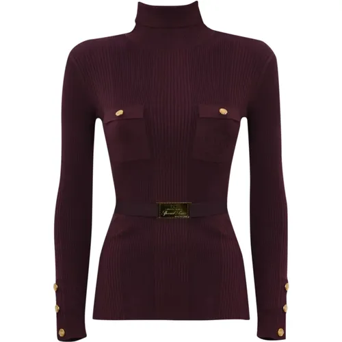 Kamel Pullover mit Gürtel und Taschen,Bordeaux Rollkragenpullover - Elisabetta Franchi - Modalova