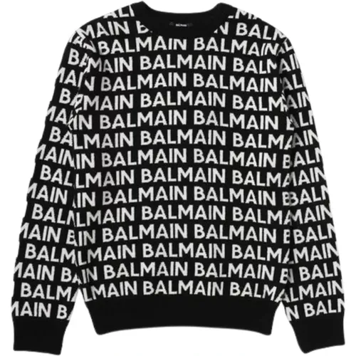 Schwarzer Logo Pullover Kinder Rundhalsausschnitt Langarm - Balmain - Modalova