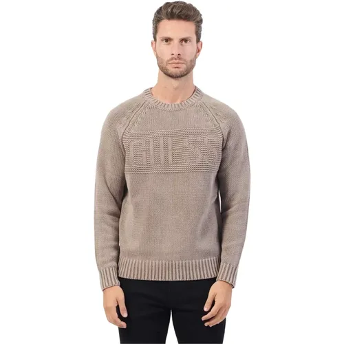 Brauner Baumwollpullover mit Besticktem Logo , Herren, Größe: L - Guess - Modalova