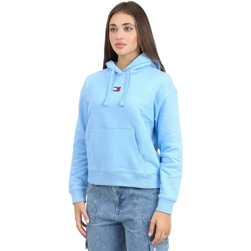 Blaue Kapuzenpullover mit Tommy-Badge , Damen, Größe: XS - Tommy Jeans - Modalova