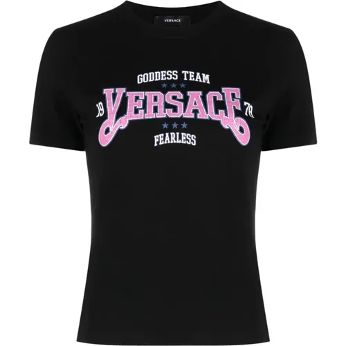 Logo-Print T-Shirt mit Slogan , Damen, Größe: 2XS - Versace - Modalova