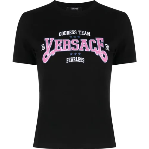 Logo-Print T-Shirt mit Slogan , Damen, Größe: XS - Versace - Modalova