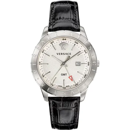GMT Leder Silber Edelstahl Uhr , Herren, Größe: ONE Size - Versace - Modalova