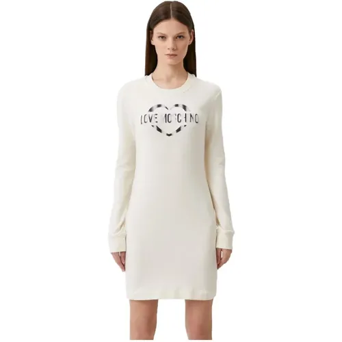 Elegantes weißes Baumwollmischkleid mit metallischem Logo , Damen, Größe: L - Love Moschino - Modalova