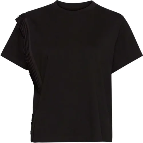 Schwarzes Baumwoll-T-Shirt mit Plissiertem Detail , Damen, Größe: S - MM6 Maison Margiela - Modalova