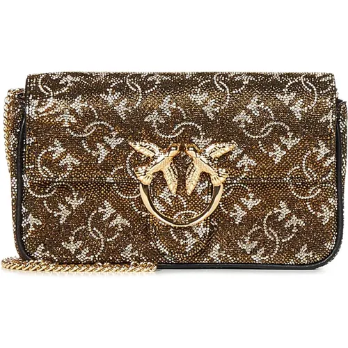 Golden Shoulder Bag with Rhinestone Embellishments , female, Sizes: ONE SIZE - pinko - Modalova