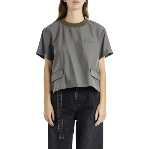 Grün Khaki Zweimaterial T-Shirt Lockerer Schnitt , Damen, Größe: L - Sacai - Modalova