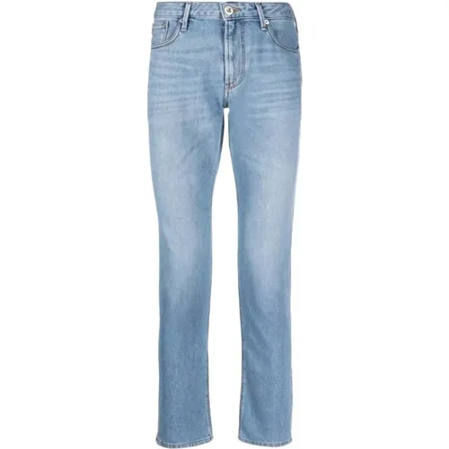 Hellblaue Denim-Jeans mit Lederlogo - Emporio Armani - Modalova