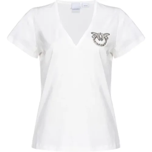 Glänzendes Logo V-Ausschnitt Shirt , Damen, Größe: XS - pinko - Modalova
