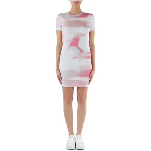 Geripptes Baumwollkleid mit Logo-Stickerei , Damen, Größe: XS - Calvin Klein Jeans - Modalova