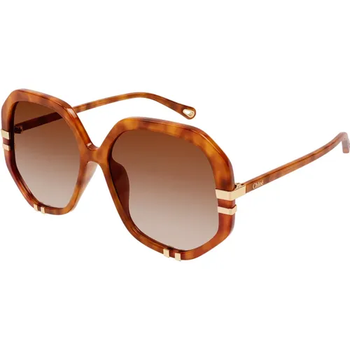 Geometrische Havana-braune Sonnenbrille , Damen, Größe: 55 MM - Chloé - Modalova