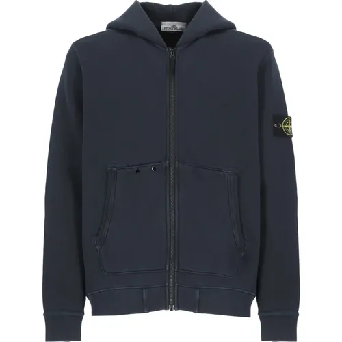 Blaue Baumwollkapuzenpullover mit Reißverschluss , Herren, Größe: L - Stone Island - Modalova