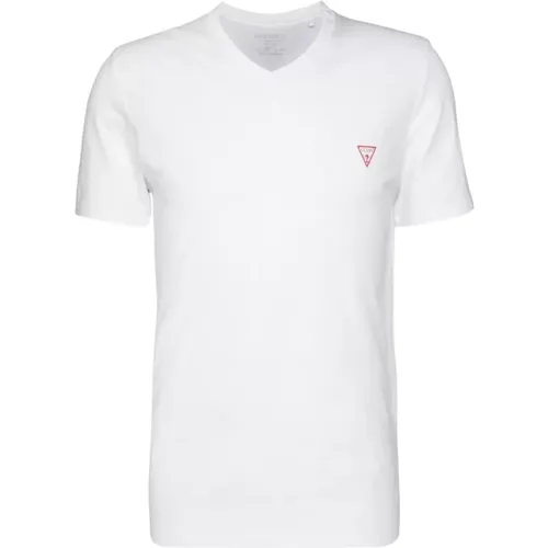 Basic 100% Baumwoll T-Shirt - Weiß, Slim Fit, V-Ausschnitt , Herren, Größe: XL - Guess - Modalova