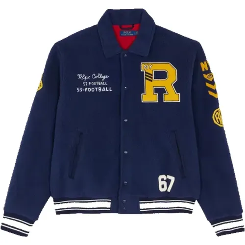 Polo Pile Fleece Letterman Jacket Cruise Navy-M , male, Sizes: M, S, XL - Ralph Lauren - Modalova