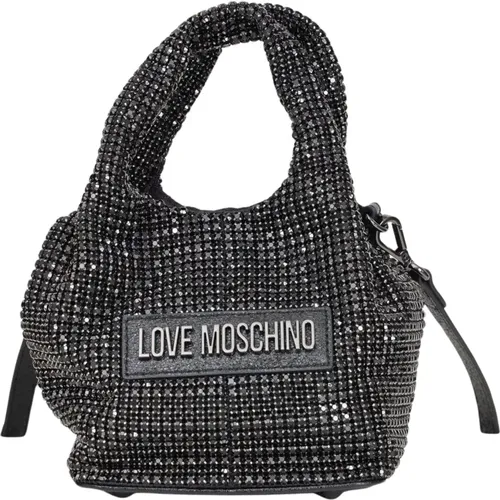 Schwarze Handtasche mit Strass und Logo - Love Moschino - Modalova