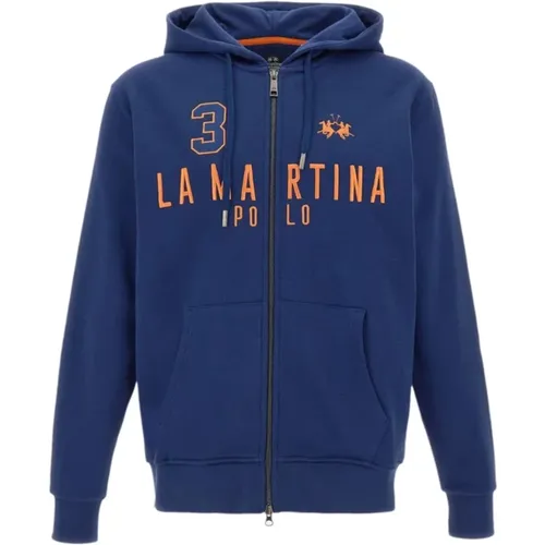 Blaue Kapuzenpullover mit orangefarbenem Logo , Herren, Größe: L - LA MARTINA - Modalova