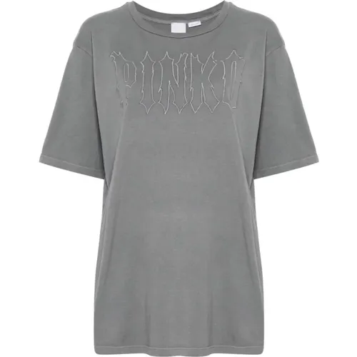 Graues Jersey T-Shirt mit gesticktem Logo , Damen, Größe: S - pinko - Modalova