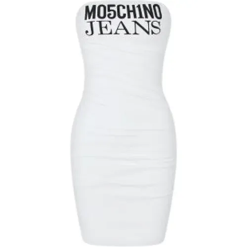 Kurzes Drapiertes Kleid Gerippte Schultern Logo-Print , Damen, Größe: M - Moschino - Modalova