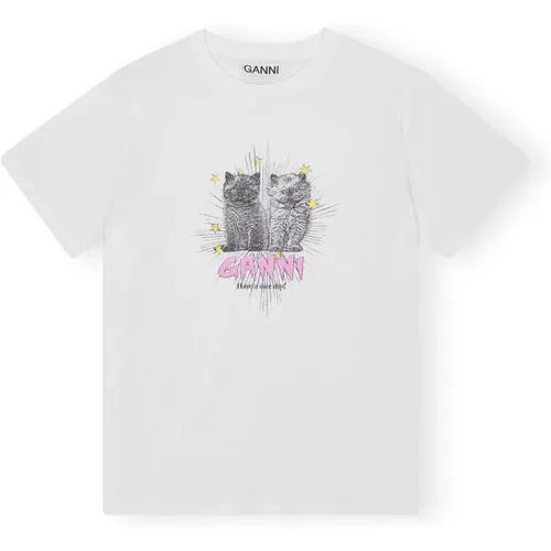 Weißes Basic Jersey Kittens Lässiges T-Shirt , Damen, Größe: L - Ganni - Modalova