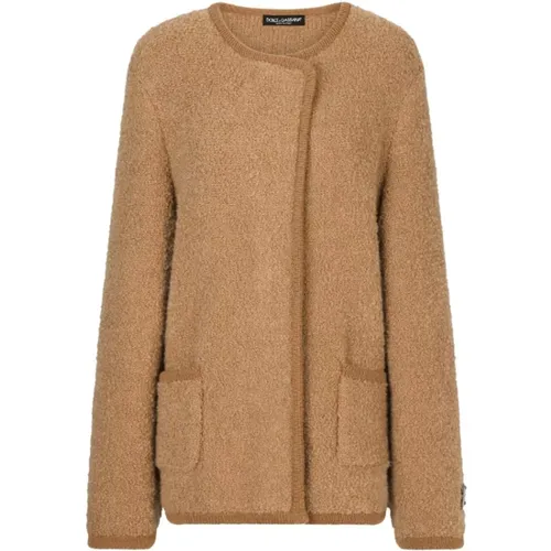 Beige Knitted Coat with Logo Plaque , female, Sizes: XS - Dolce & Gabbana - Modalova