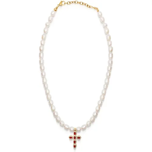 Men's Baroque Pearl Choker with Red Cross - Nialaya - Modalova