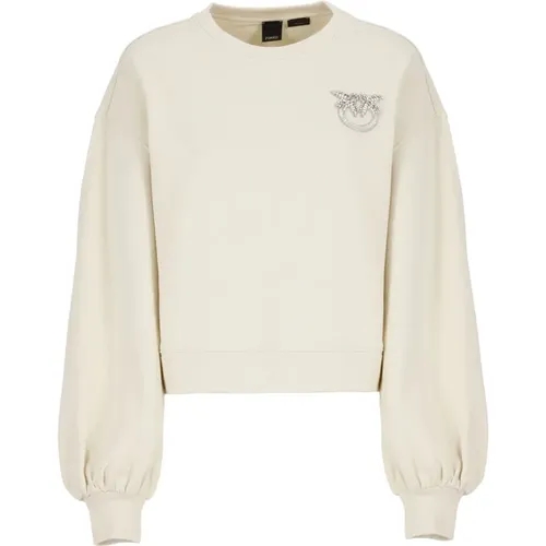 Ivory Cotton Sweatshirt with Strass Logo , female, Sizes: M, S, XS - pinko - Modalova