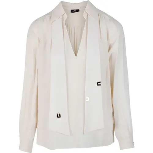 Elegante cremefarbene Bluse mit V-Ausschnitt und Kragendetails , Damen, Größe: M - Elisabetta Franchi - Modalova