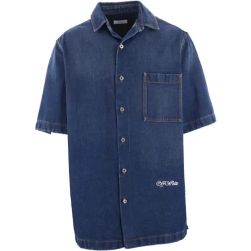 Denim Bowling Shirt with Logo Embroidery , male, Sizes: L - Off White - Modalova