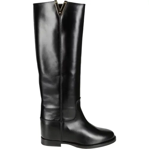 Schwarze Lederstiefel mit Goldener V-Detail , Damen, Größe: 41 EU - Via Roma 15 - Modalova