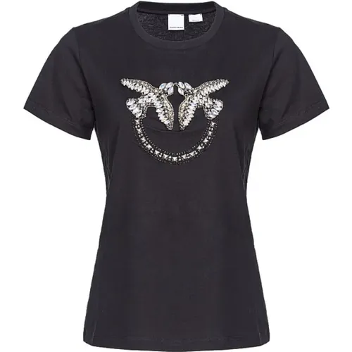 Kurzarm-Baumwoll-T-Shirt mit Strass-Logo , Damen, Größe: XS - pinko - Modalova