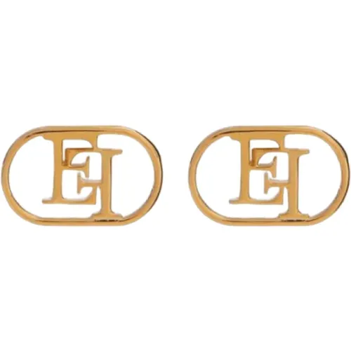 Golden Logo Earrings with Oval Design , female, Sizes: ONE SIZE - Elisabetta Franchi - Modalova