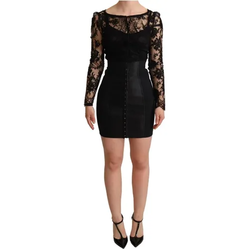 Schwarzes Bodycon Mini Kleid mit Spitzenoberteil - Dolce & Gabbana - Modalova