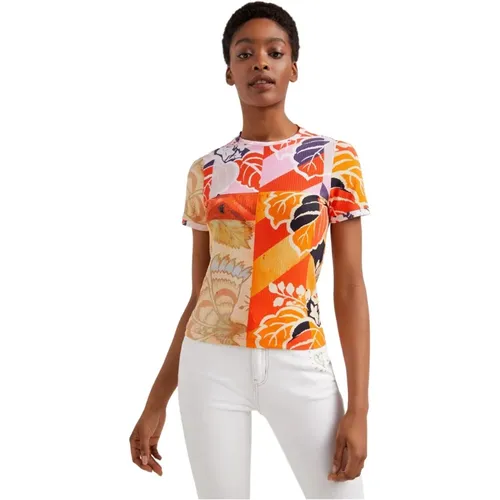 T-Shirt mit floralem Muster und kurzen Ärmeln , Damen, Größe: XS - Desigual - Modalova