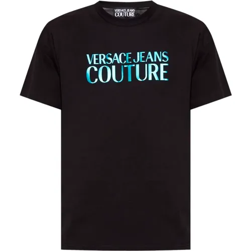 Logo T-Shirt in with Blue Brand Print , male, Sizes: XL, 2XL, L - Versace Jeans Couture - Modalova