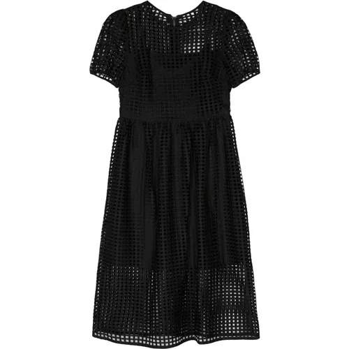 Schwarzes Spitzen Juwel Hals Midi Kleid , Damen, Größe: S - DKNY - Modalova