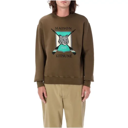 College Fox Crewneck Knitwear Khaki , male, Sizes: M, XL - Maison Kitsuné - Modalova