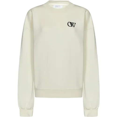 Cremeweißer Oversized Pullover mit Schwarzem OW-Logo Off - Off White - Modalova