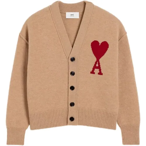 Red Wool Cardigan with Monogram Motif , female, Sizes: L - Ami Paris - Modalova