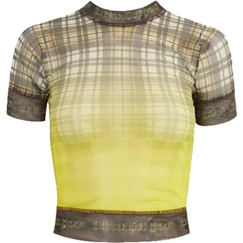 Gelbes Mesh-T-Shirt mit Tartan-Muster , Damen, Größe: XS - Ottolinger - Modalova