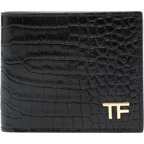 Schwarze Geldbörse mit Krokodil-Print und TF-Logo,Lederbrieftasche mit Krokodil-Print - Tom Ford - Modalova
