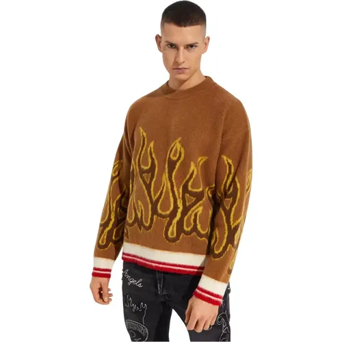 Brauner Flammenmuster Wollpullover - Palm Angels - Modalova