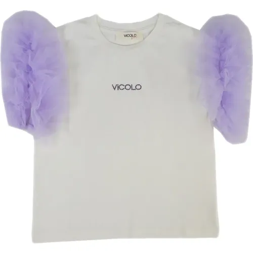 Tulle Sleeve T-Shirt in Cream , female, Sizes: 14 Y, 4 Y, 10 Y, 8 Y, 12 Y - ViCOLO - Modalova