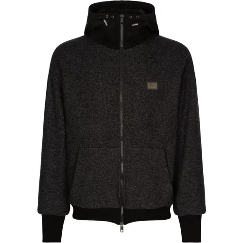 Grey Hooded Zip-Up Wool Jacket , male, Sizes: M, XL, L - Dolce & Gabbana - Modalova