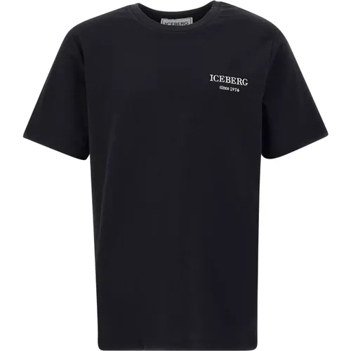 Schwarzes Baumwoll-Jersey T-Shirt mit weißem Logo - Iceberg - Modalova