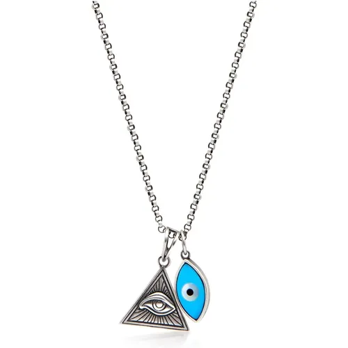 Men& Silver Necklace with Turquoise Evil Eye and Eye of Ra Pendant , male, Sizes: ONE SIZE - Nialaya - Modalova