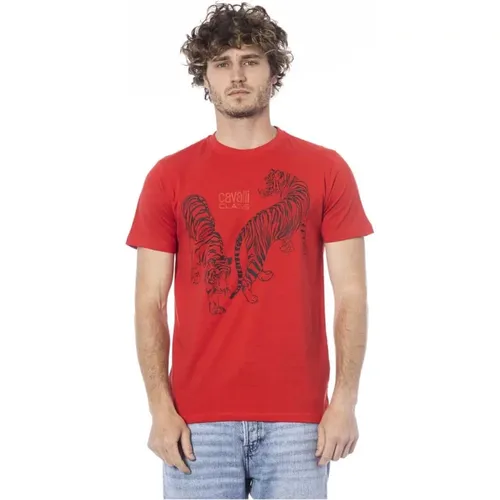 Rotes Logo Baumwoll-Crewneck-T-Shirt , Herren, Größe: 2XL - Cavalli Class - Modalova
